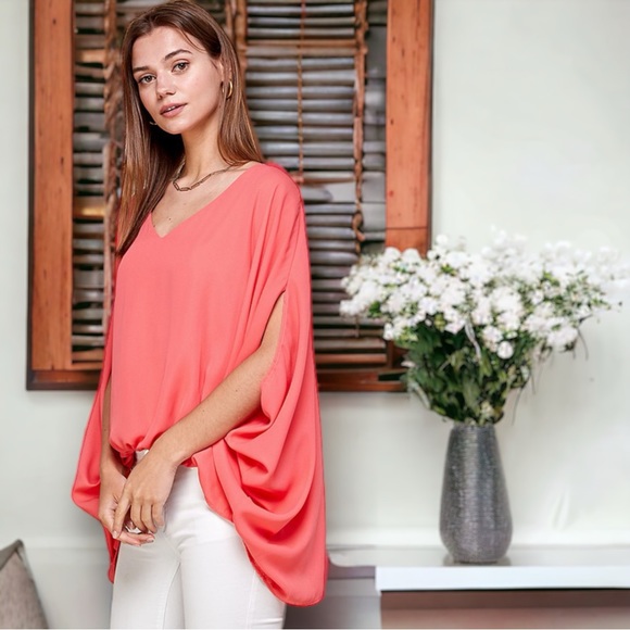 Coral Draped Blouse with Shirred Front - Picture 5 of 8